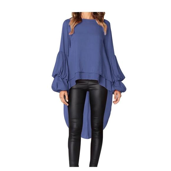 PRETTYGARDEN High Low Asymmetrical Irregular Hem Blue Blouse Shirt Dress Sz. M - Picture 1 of 3